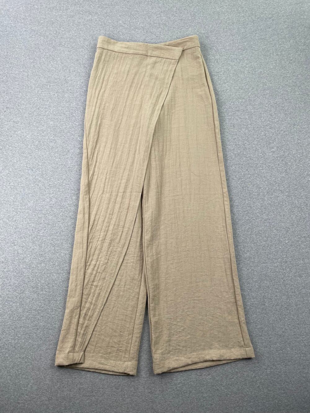 ZARA Crossover Wrap-Front Wide-Leg Pants Womens S Beige Tan Lightweight Capsule